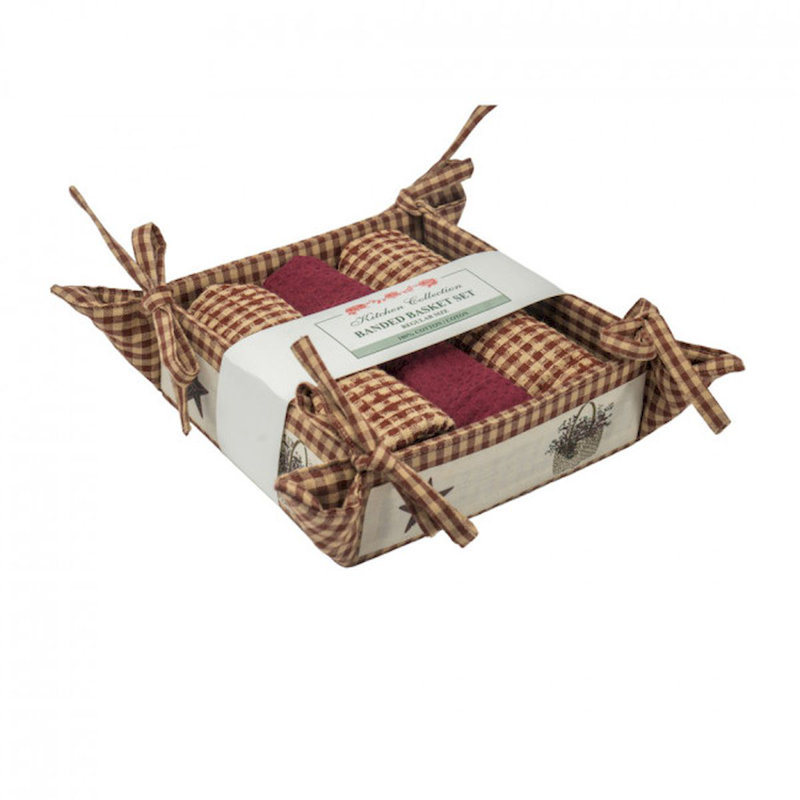 Gracie Oaks Burgundy And Beige Checks And Solids Basket And Tea Towels